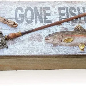 Tumbler Home Gone Fishing Wood Box - Rustic Wood Keepsake Box Holds Coins, Keys and Wallet - Father's Day Gift, Birthday or Christmas Gifts for Fisherman, Dad, Son, Grandpa