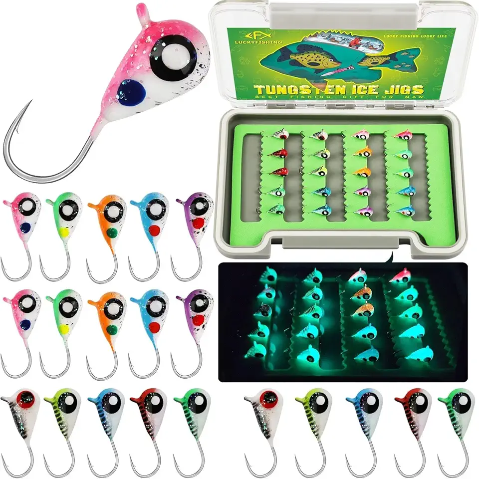 Tungsten Ice Fishing Jigs 20pcs/60pcs Ice Fishing Lures Glow in Dark 1/16oz (1.85g) Crappie Lures Ice Fishing Gear for Panfish Walleye Crappie Ice Fishing Gift