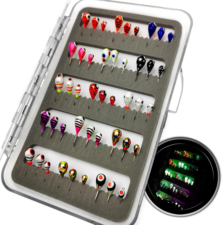 Tungsten Ice Fishing Jigs Ice Fishing Lures Soft Worm Baits Kit, Glow Winter Tungsten Ice Jig Heads Hooks for Walleye Crappie Panfish Trout, Ice Fishing Gear Equipment Tackle Accessories