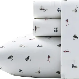Twin Sheet Set, Cotton Percale Bedding Set, Crisp & Cool Home Decor, Dorm Room Essentials (Fishing Flies White, Twin)