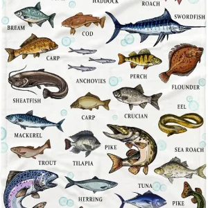 Types of Fish Flannel Fleece Throw Blanket, Ultra Soft Fluffy Fuzzy Blanket for Living Room Bedroom, Fishing Gifts for Dad Grandpa S 50"x40" for Kids