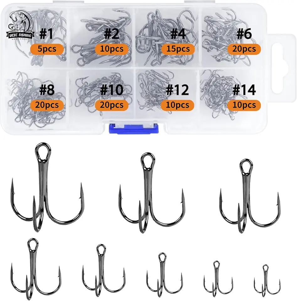 UCEC Fishing Hooks Treble Hooks Kit for Saltwater Freshwater, High Carbon Steel Strong Sharp Round Bend for Catfish Trout Hard Baits Lures, Size #1#2#4#6#8#10#12#14 110/50 /110+100 Pack Split Rings