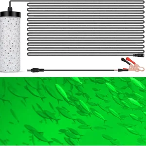 Underwater Green Fishing Light, 50FT Cord 30000LM LED Night Fishing Finder Attractor, IP68 Submersible Lamp with Battery Clips Cigarette Charger Plug