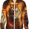 Unisex Sun Protection Hoodie Lightweight Long Sleeve Sun Shirt Hoodie Jacket for Fishing Hiking Outdoor Cool Tiger in Flame