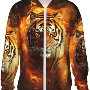 Unisex Sun Protection Hoodie Lightweight Long Sleeve Sun Shirt Hoodie Jacket for Fishing Hiking Outdoor Cool Tiger in Flame