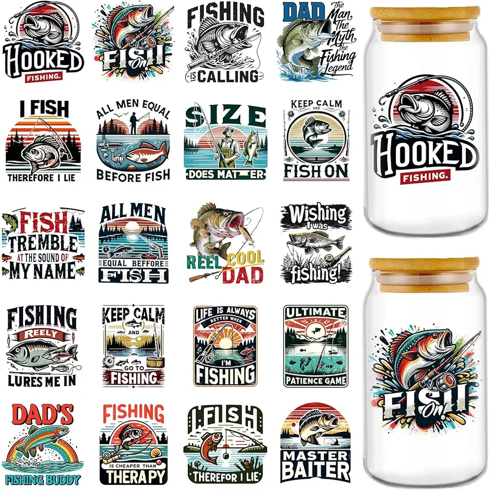 UV DTF Cup Wrap - 20 Sheets Fly Fishing UV DTF Cup Wraps for 16 oz Glass, Funny Stickers for Water Botters, Waterproof Rub on Transfer Decals, DIY Crafts Fishing Lover Gifts