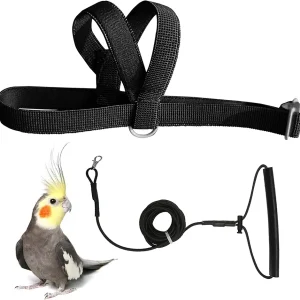 VANFAVORI Adjustable Bird Harness with 80 Inch Leash, Outdoor Flying Kit Training Rope for Bird Parrots Cockatiel S Size Weight 70-120 Grams,Black
