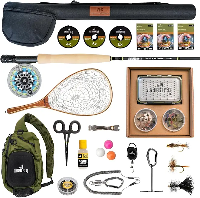 Ventures Fly Co. | Starter Packages | 23 Fly Fishing Accessories Complete Gear Combo | Perfect Beginner Kit | Includes Rod, Reel, Line, Flies, Leader, Tippet, Forceps, Nipper, Floatant & Net