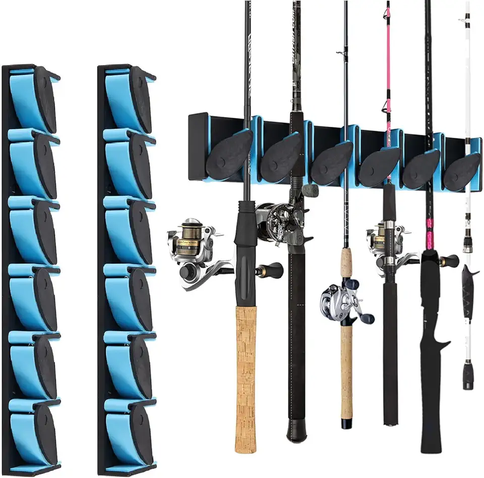 Vertical Fishing Rod Holders 2 Pack, Wall Mounted Fishing Pole Holders for Garage, Fishing Rod Rack for Storage 12 Rods, Blue