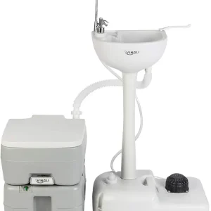 VINGLI Upgraded Portable Sink and Toilet Combo| Self-contained 5 Gal Hand Washing Station & 5.3 Gal Flushing Toilet, Perfect for Camping/RV/Boat/Road Tripper/Camper, Detachable & Lightweight
