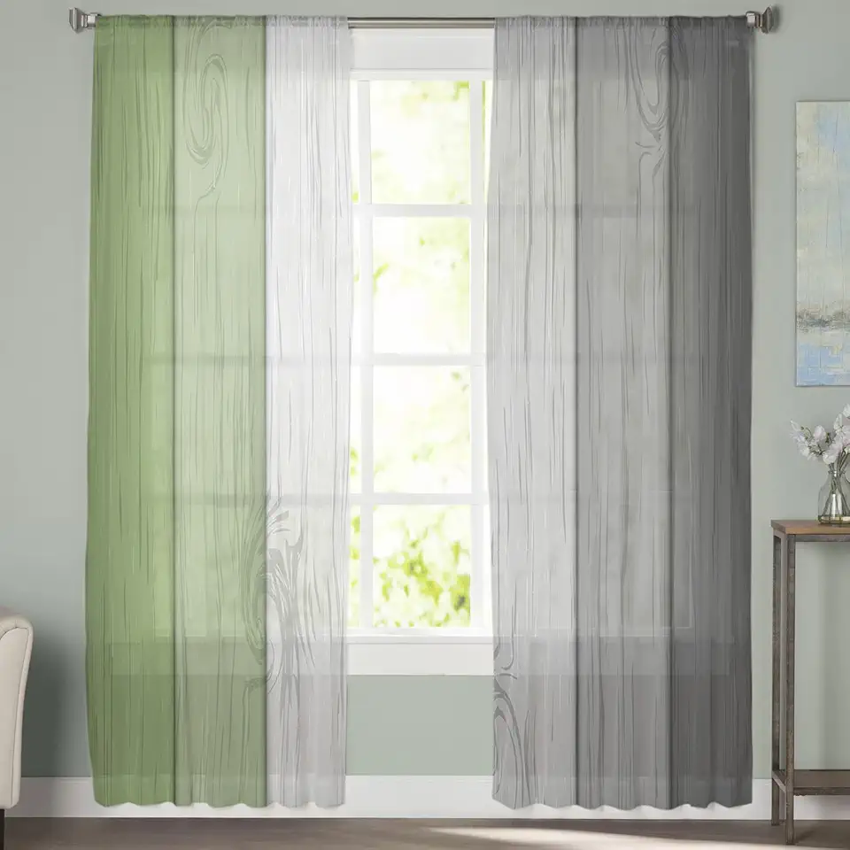 Vintage Sheer Curtains 72 Inch Long 2 Panels Farmhouse Sage Green and Brown Ombre Wood Grain Light Filtering Rod Pocket Semi Sheer Curtains, Voile Drapes for Living Room Bedroom, 52"x72"