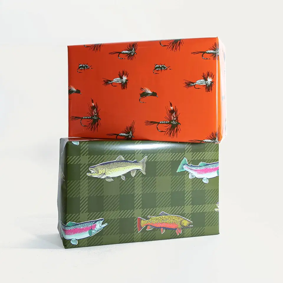 Vintage Trout Fly Fishing Themed Wrapping Paper | 2 Design Bundle - One Roll of Each | Jumbo 30 Inch x 12 Foot Rolls | 100sf of Fishing Gift Wrap