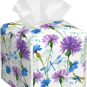 Watercolor Flowers and Dragonflies Tissue Box Cover Square,Purple Blue Floral Tissue Box Holder Waterproof Leather Facial Paper Organizer Dispenser for Bathroom Home Car Nightstand Vanity Desk