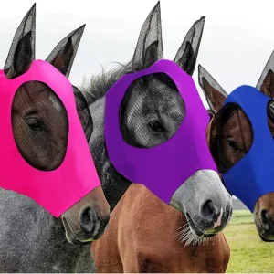 Weewooday 3 Pcs Horse Fly Masks for Horses Fly Masks with Ears Smooth and Elasticity Fly Mask with UV Protection(Purple, Royal Blue, Pink, M)