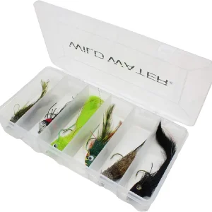 Wild Water Fly Fishing 6 Top Water Deer Hair Fly Assortment with Large Section Clear Fly Box for Bass, Trout, Pike
