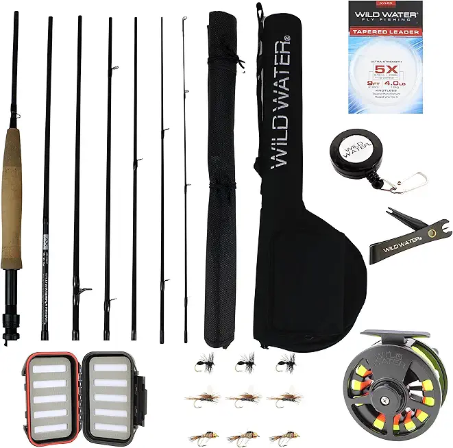 Wild Water Fly Fishing Starter Package, Ideal for Backpacking and Travelling 9 ft 7-Piece Fly Kit, 5 Weight, Includes Die Cast Aluminum Reel, Fly Rod Case, Fly Box and Flies