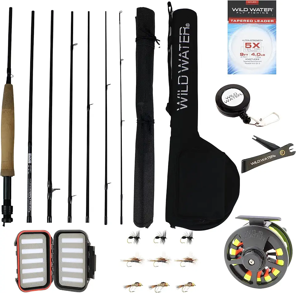 Wild Water Fly Fishing Starter Package, Ideal for Backpacking and Travelling 9 ft 7-Piece Fly Kit, 5 Weight, Includes Die Cast Aluminum Reel, Fly Rod Case, Fly Box and Flies