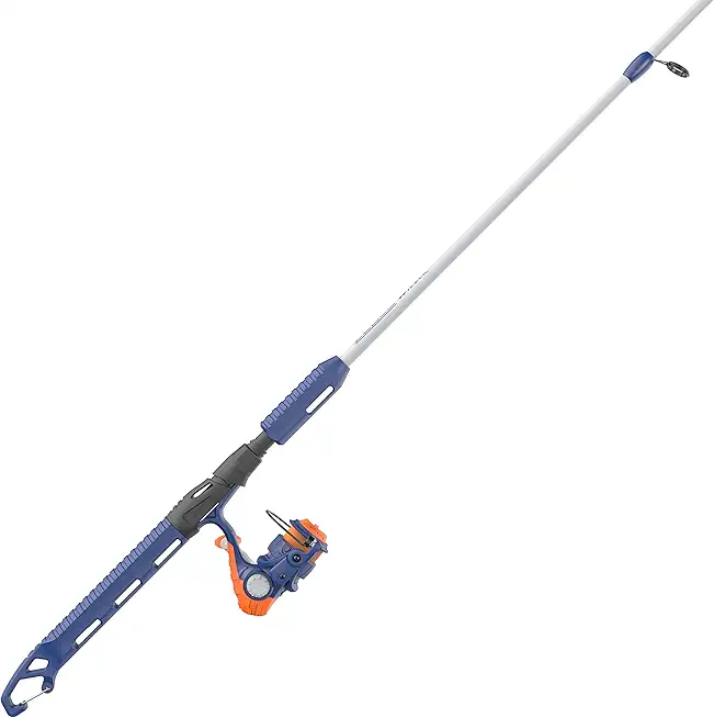 Wilder Fishing Reel and Rod Combo, 4'3" Durable Fiberglass Rod with Built-In Carabiner, Patented No-Tangle Reel, Pre-Spooled with 6-Pound Zebco Cajun Fishing Line, Blue/Orange