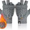 Winter Fingerless Gloves for Women Men Warm Knitted Convertible Mittens Flap Cover