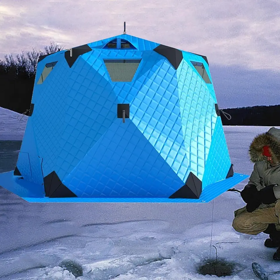 Winter Fishing Tent,Ice Fishing Shelter with Stove Jack and Floor, Portable Ice Fishing Tent 420D Insulated Layer Ice Shanty Hexagon Ice Huts(Blue)