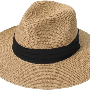 Women Wide Brim Straw Panama Roll up Hat Fedora Beach Sun Hat UPF50+