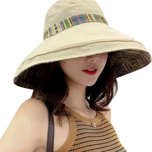Women Wide Brim Sun Hats Metal Wired Edge Summer UV Protection Beach Fishing Hat for Hiking Garden Travel Chin Strap