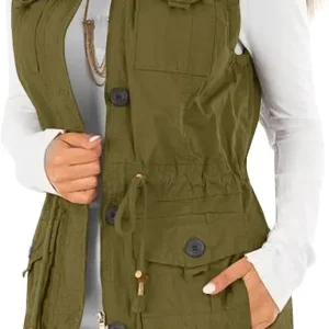 Women's Casual Military Utility Vest Lightweight Sleeveless Drawstring Jackets with Pockets