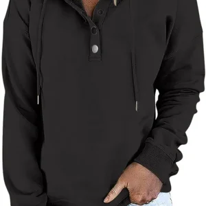 Womens Fleece Hoodies Button Drawstraing Long Sleeve Sweatshirts Loose Fit Casual Fall Fashion Hooded Tops