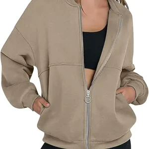 Womens Long Sleeve Loose Fit Pullover Zip Up Solid Color Sweatshirts Casual Trendy Sweatshirt with Pocket