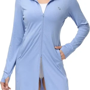 Women's Long Sleeve Zip Beach Coverup UPF 50+ Sun Protection Hooded Cover Up Shirt Dress with Pockets