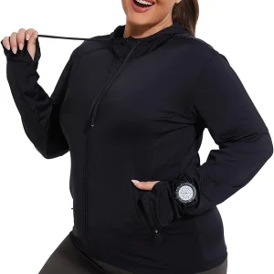 Womens Plus Size Lightweight Sun Protection Jacket SPF Hoodie UPF 50+ Full Zip Cooling Summer with Thumb Hole