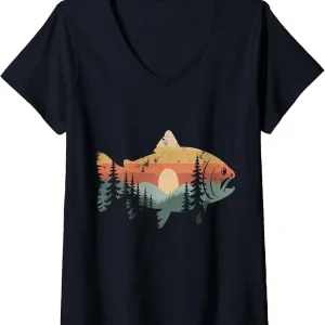 Womens Vintage Sunset Forest Fly Fish V-Neck T-Shirt