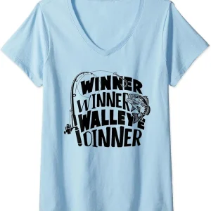 Womens Winner Winner Walleye Dinner Fishing Fisherman Funny V-Neck T-Shirt