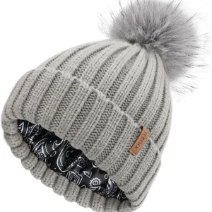 Womens Winter Beanie Hat Satin Lined Faux Fur Pom Pom Beanies Hat for Women Winter Warm Knit Hats