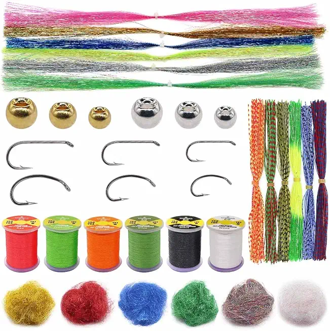 XFISHMAN Fly Tying Kit - Beginner's Fly Tying Materials - 120 Pieces - Includes Hooks, Brass Beads, Dubbing, Thread, Legs, Flashabou