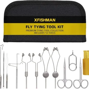 XFISHMAN Fly Tying Tool Kit 12 in 1 with Bobbin Finisher Scissors Hackle Hair Stacker Fly Fishing Tying Tools Set