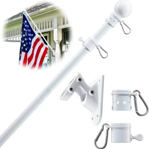 YeYeBest Flag Pole, 5 FT Flag Pole Kit for House, 2 No-Tangle Rings Clips, Flag Holder Bracket, Stainless Steel, White
