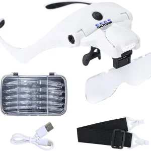 YOCTOSUN Magnifying Glasses with 4 LED Lights, Headband Magnifier with 5 Detachable Lenses 1X, 1.5X, 2X, 2.5X 3.5X -Rechargeable Hands Free Lighted Head Magnifier Glass for Crafts, Cross Stitch, Hobby