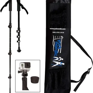 York Nordic PRO Collapsible 4 Piece Trekking/Walking Poles - Pair of monopod Poles w/3 flip Locks, Detachable Rubber feet, and GoPro Camera Mount Black