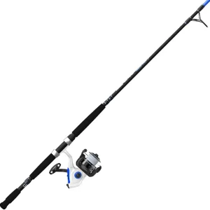 Zebco Salt Fisher Bite Alert Spinning Reel and Fishing Rod Combo, 7-Foot 2-Piece Medium-Heavy Power, Moderate Action Fiberglass Rod, 60-Size Reel, Right/Left Retrieve, 20-Pound Line, Blue/White/Black